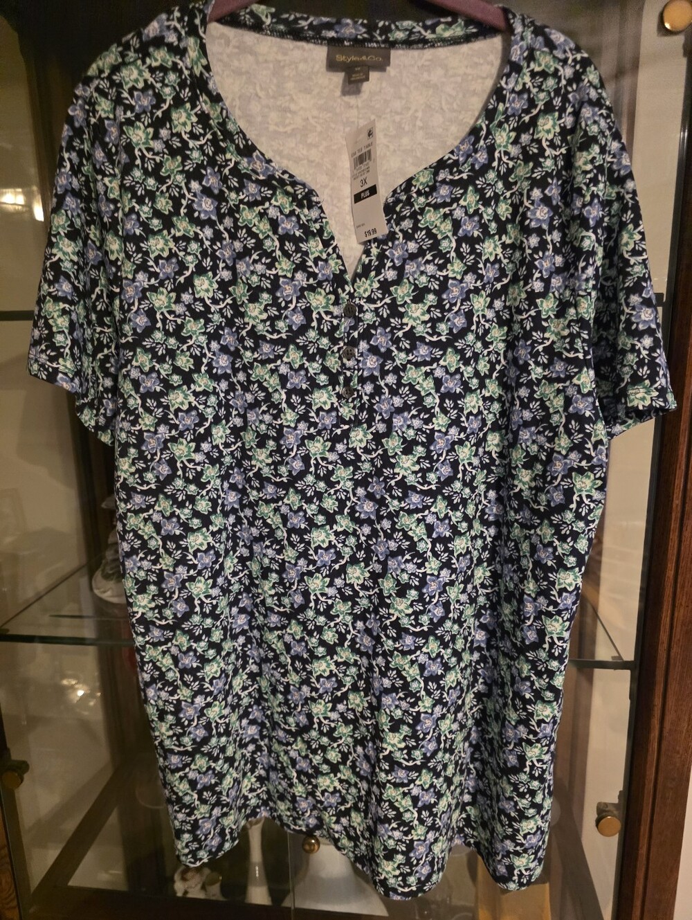 Laura Scott Navy Floral Short Sleeve V-Notch Tunic